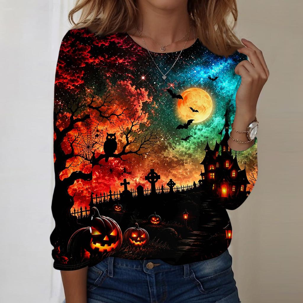 Women Long Sleeve Casual Pullover Sweatshirt Halloween Pumpkin Print Round Neck Top Lightweight Comfortable Fit