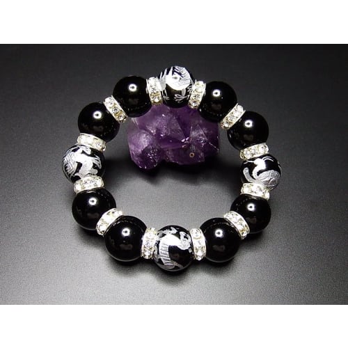 Hard-to-find, Extra-thick 18mm Natural Onyx Stone, Hand-carved with the Four Gods, Premium Rondelle Rosary Bracelet, Power Stone.