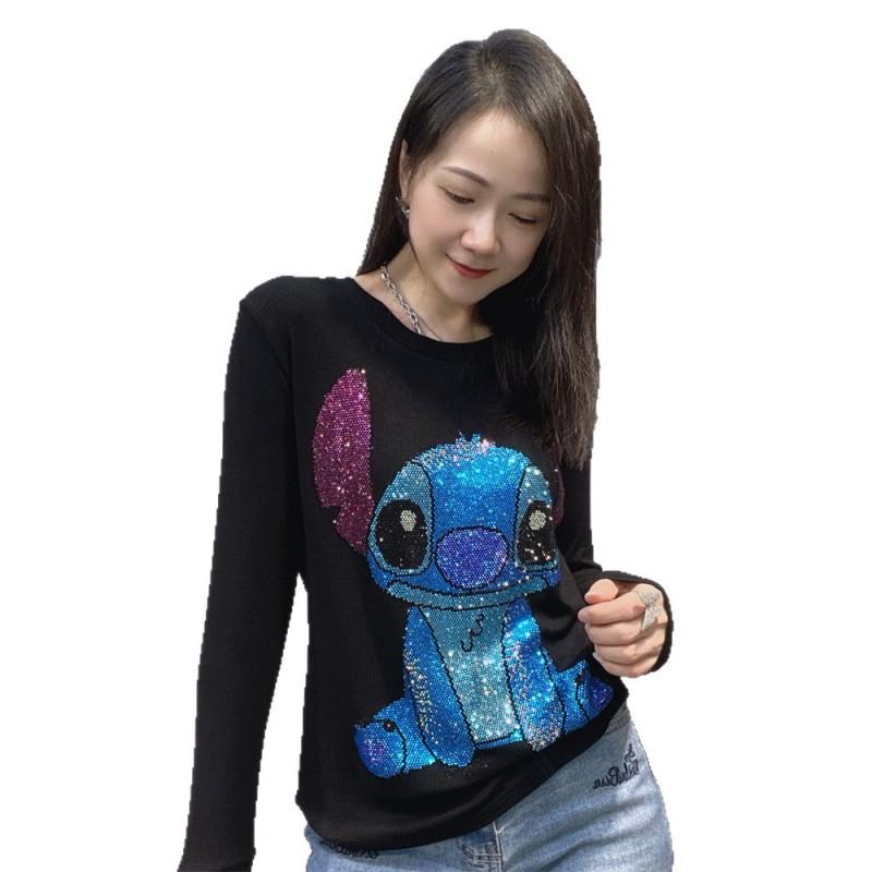 Plus Size Slim Fit Long Sleeve Top Women Round Neck Rhinestone Trim Stretch Cotton Blend Wear