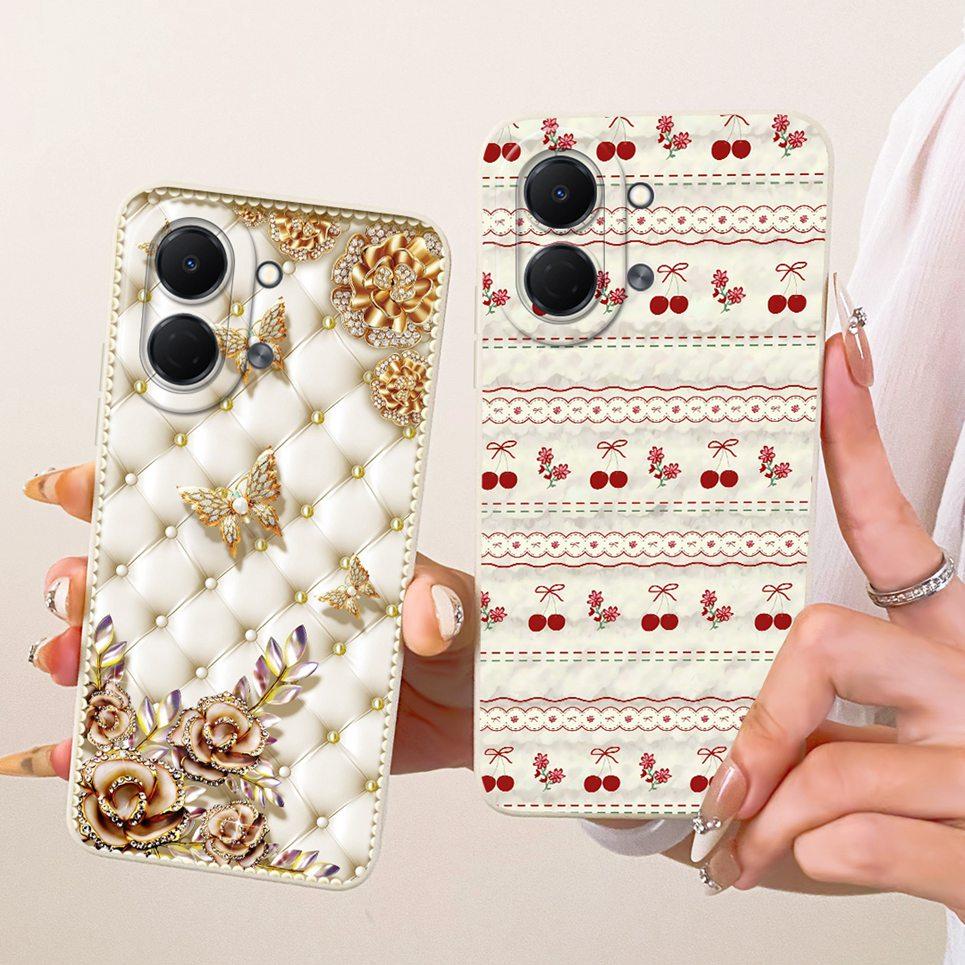 Liquid Silicone Soft Back Cover For Tecno Spark GO 3 GO3 KN3 Phone Case Luxury Girly Flower Butterfly Bow Painting Casing