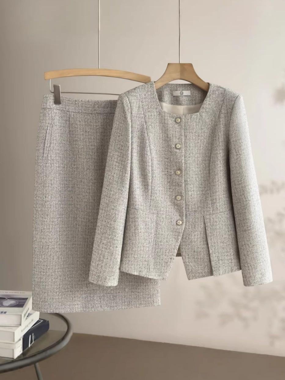 Endy Elegant Grey Square Neck Skirt Suit for Women - Spring French Socialite Style M