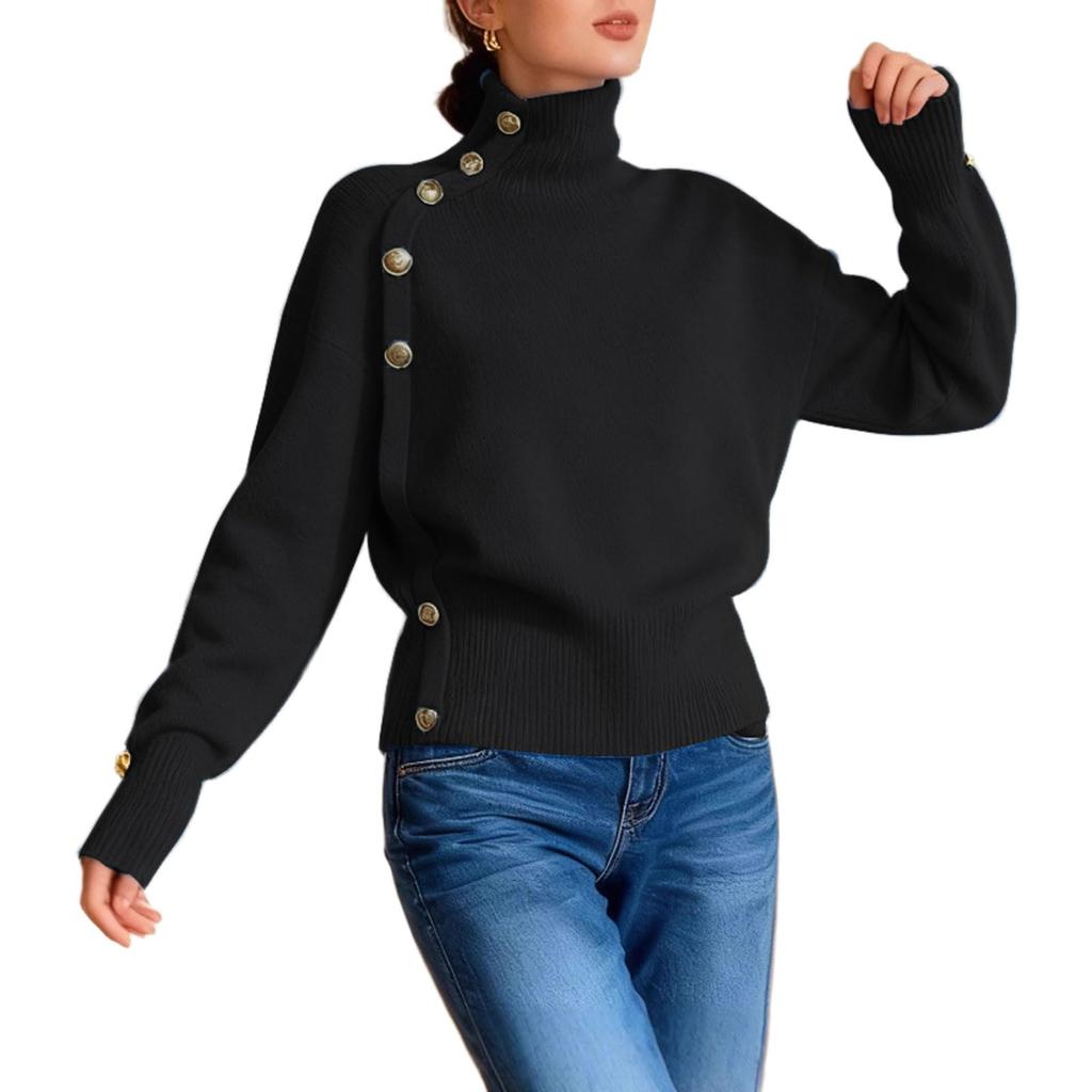 Women's Loose Comfortable Casual Fashion Knit Sweater With Buttons And High Neck