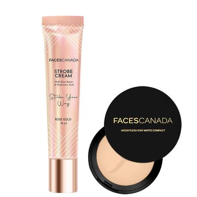 FACESCANADA Matte & Glow Combo - Strobe Cream - Roségold (18ml) + Gewichtloses mattes Kompaktpuder - Natural 02 (9g) | Makelloser Glowy