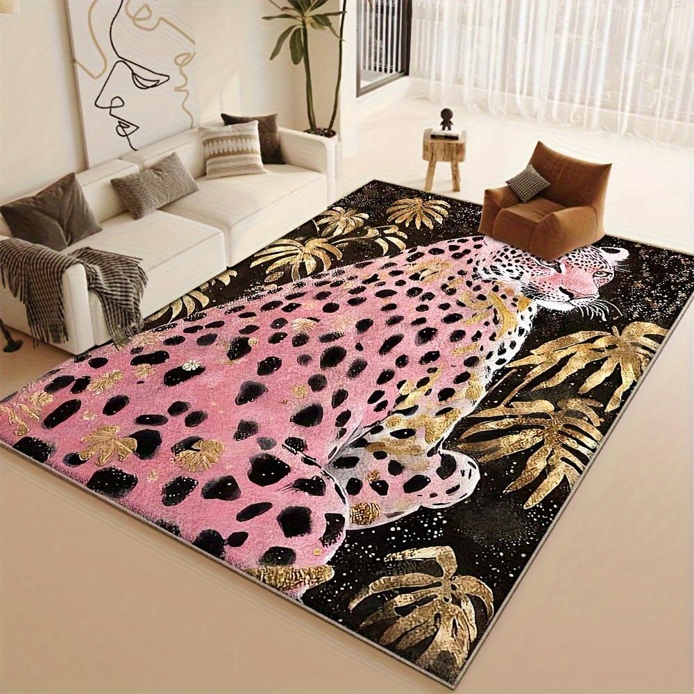 Luxurious Leopard Print Area Mat Pink Black Design Golden Accents Machine Washable Large Rectangular Mat Living Room Office