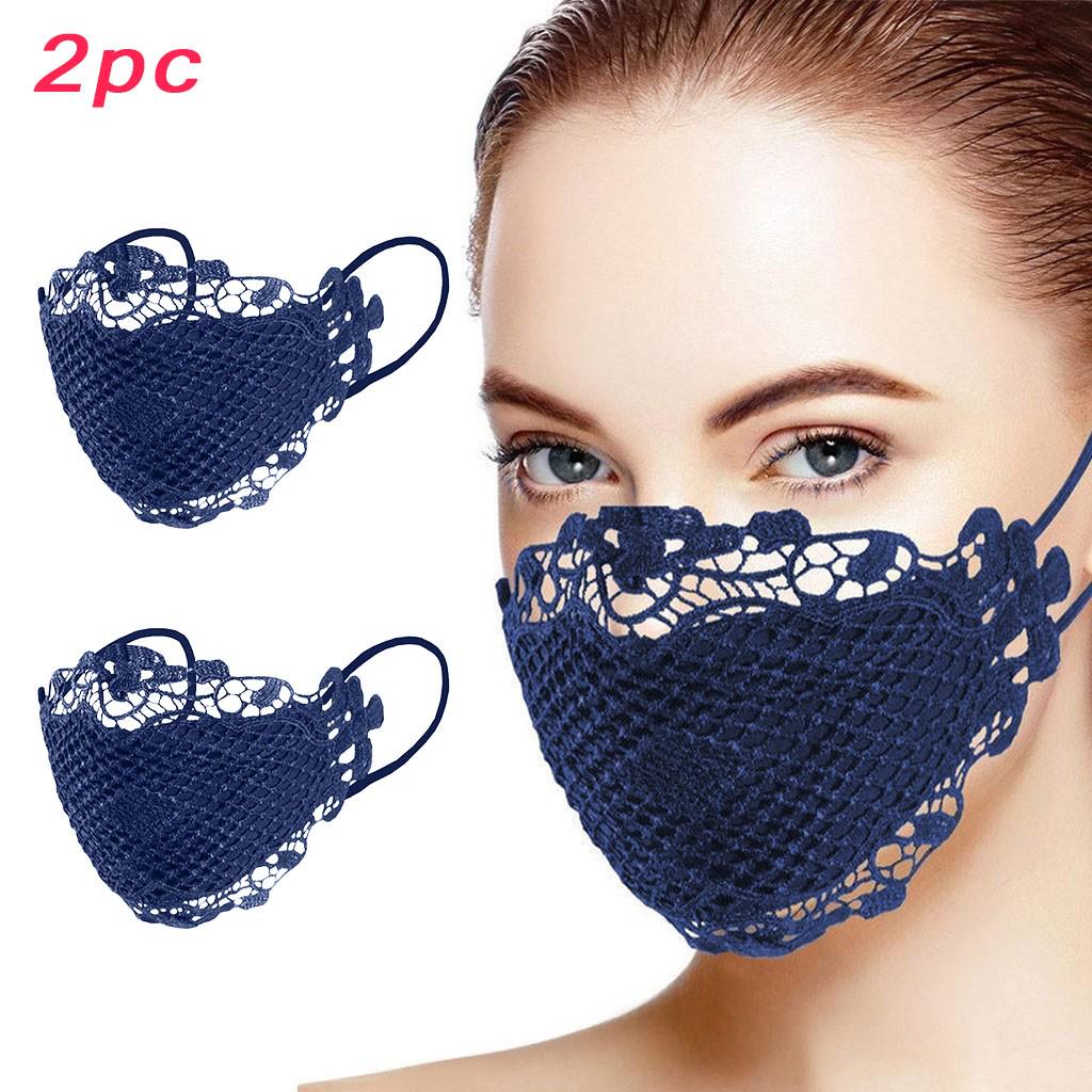 

2 шт. Делікатна мереживна аплікація, багаторазова маска для рота та обличчя, яку можна прати Темно-синій