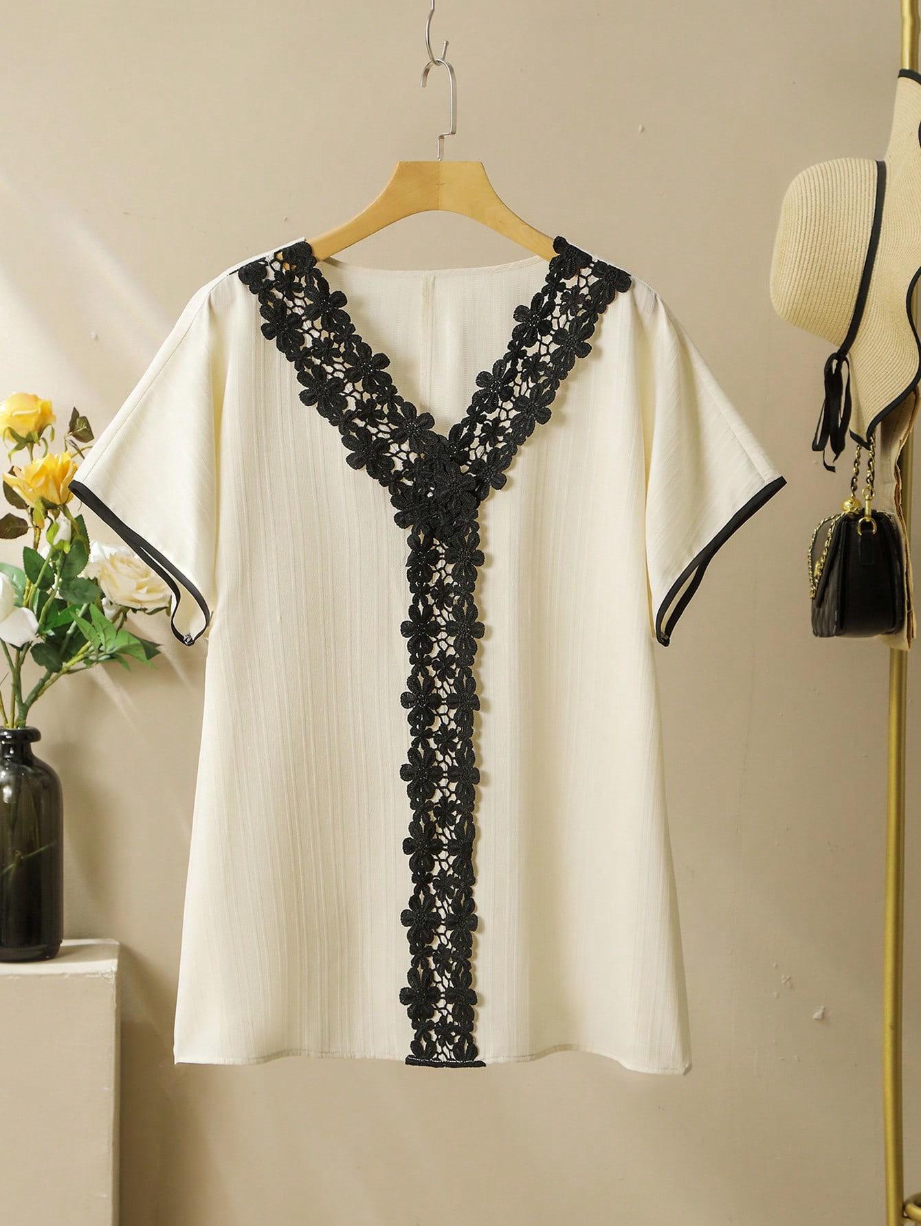 

Топ с V-образным вырезом и кружевной отделкой для похудения - Универсальный летний стиль 3XL абрикосовый