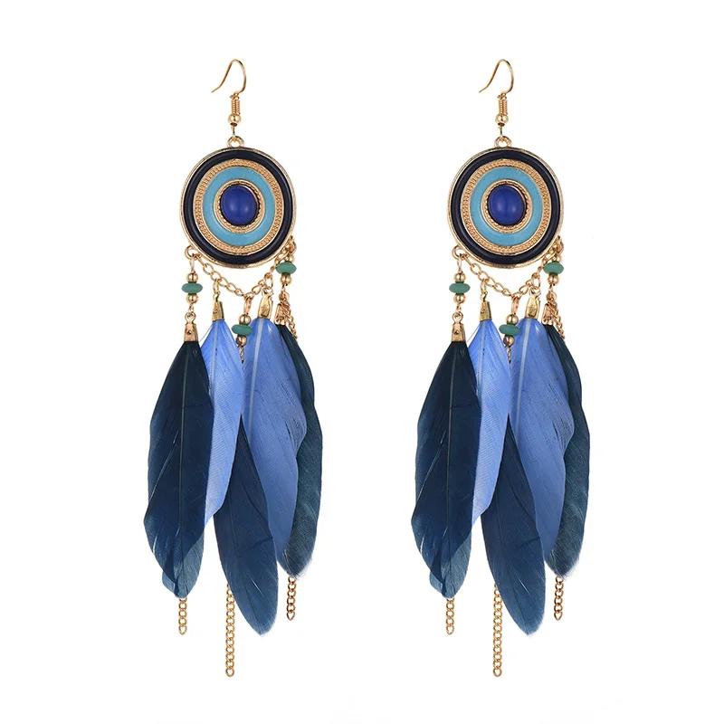 Boho Ethnic Feather Dangle Earrings For Women Classic Long Tassel Drop Ear Jewelry Ladies Beach Vacation Accessories