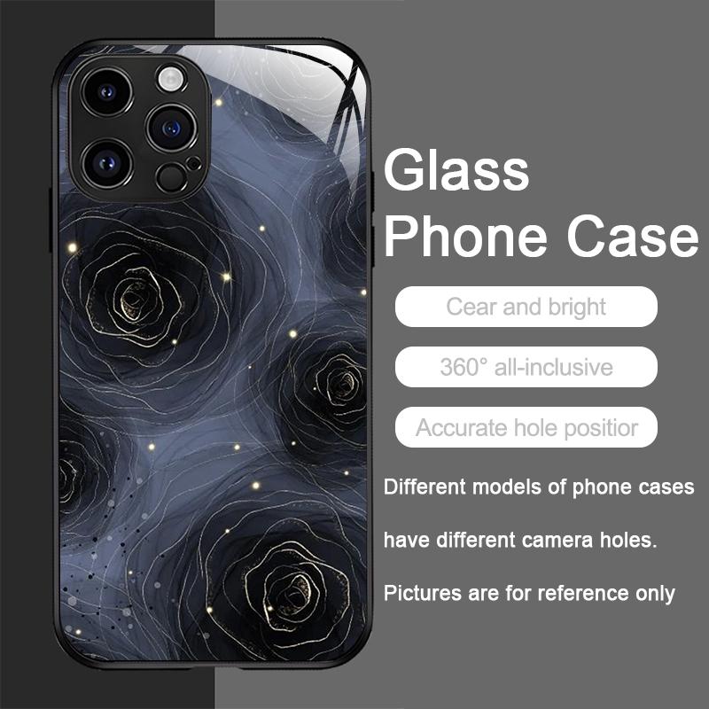 Luxury Black Rose Flower Graphic Tempered Glass Phone Case for IPhone 16 Pro Max 15 14 13 12 Mini 11 XS XR 7 8 Plus Hard Covers