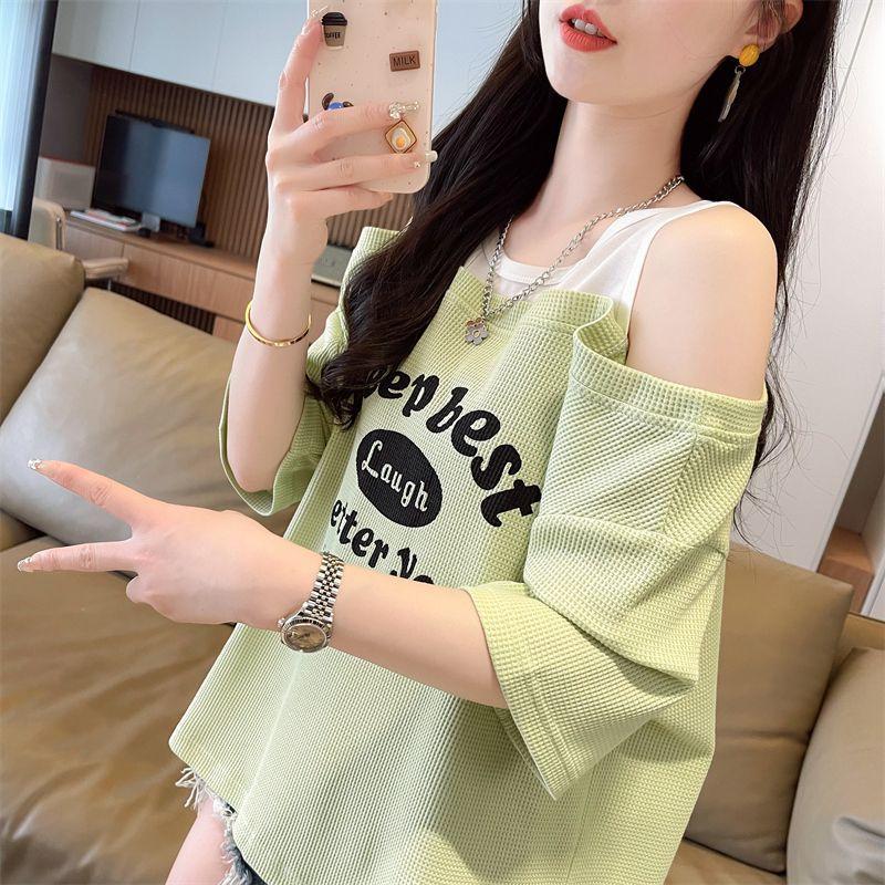 Women's Waffle Knit Off-Shoulder T-Shirt Fake Two-Piece Loose Plus Size Short Sleeve Printed Summer Top