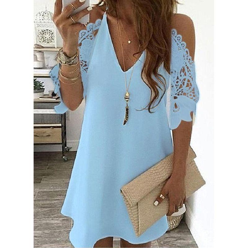 

Casual Party Dress V Neck Sling Sundress plus Size Dress sky blue M