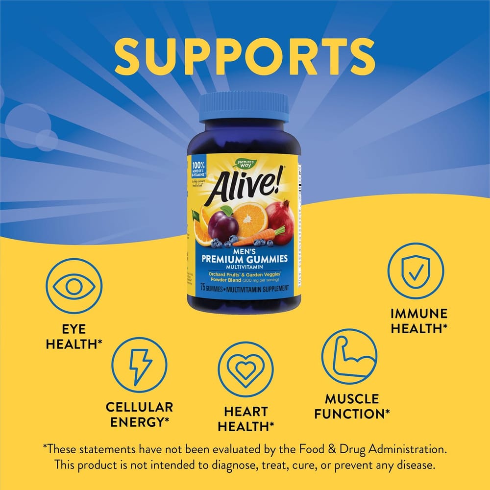 Nature's Way Alive! Men's Premium Multivitamin Gummies, Orange, Grape, Cherry Flavor, 75 Count