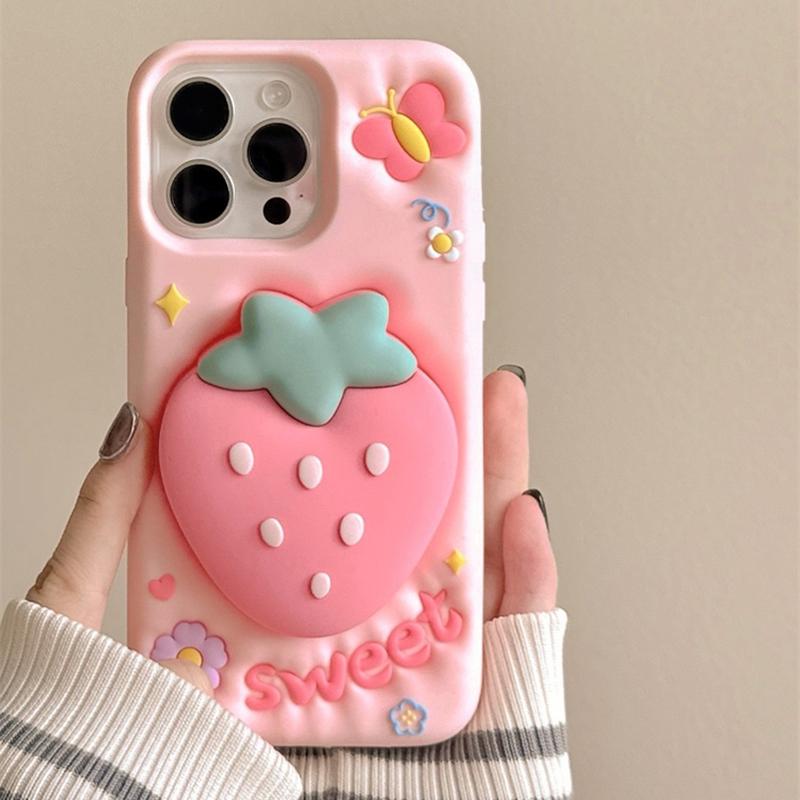 Cute 3D Cartoon Strawberry Hand Grip Holder Soft Silicone Case For iPhone 16 15 13 14 Pro Max Shockproof Back Cover