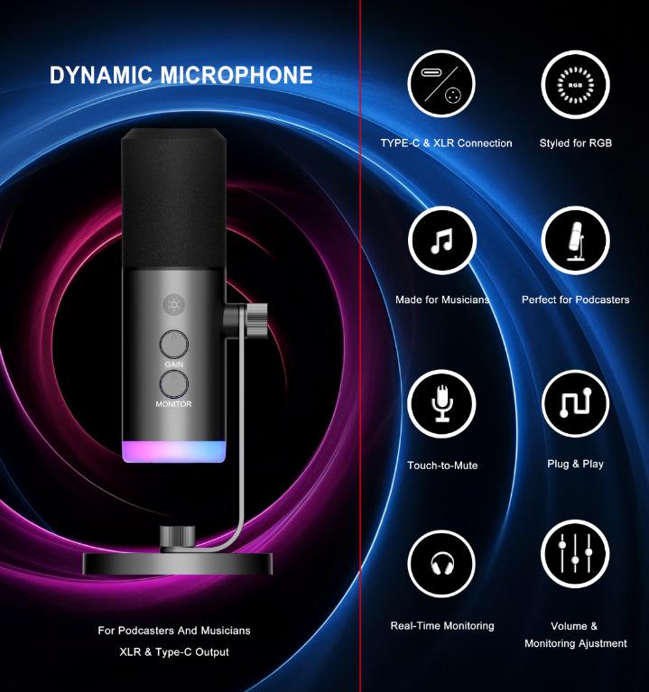 DM9 RGB USB Microphone for Gaming, Streaming, and Recording - Dynamic XLR for PC and Phone
