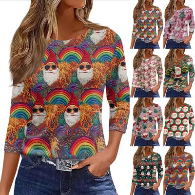 Women's Fashionable Casual Three Quarter Sleeve Christmas Printed Round Neck Top