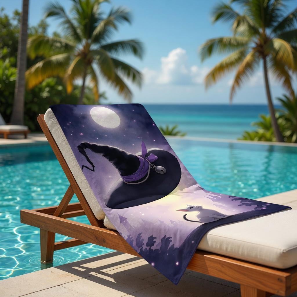 White Cat Magic Witch Hat Beach Towel Flat Print Purple Moon Fantasy Microfiber Bath Towel for Women Girls Travel Pool Decor