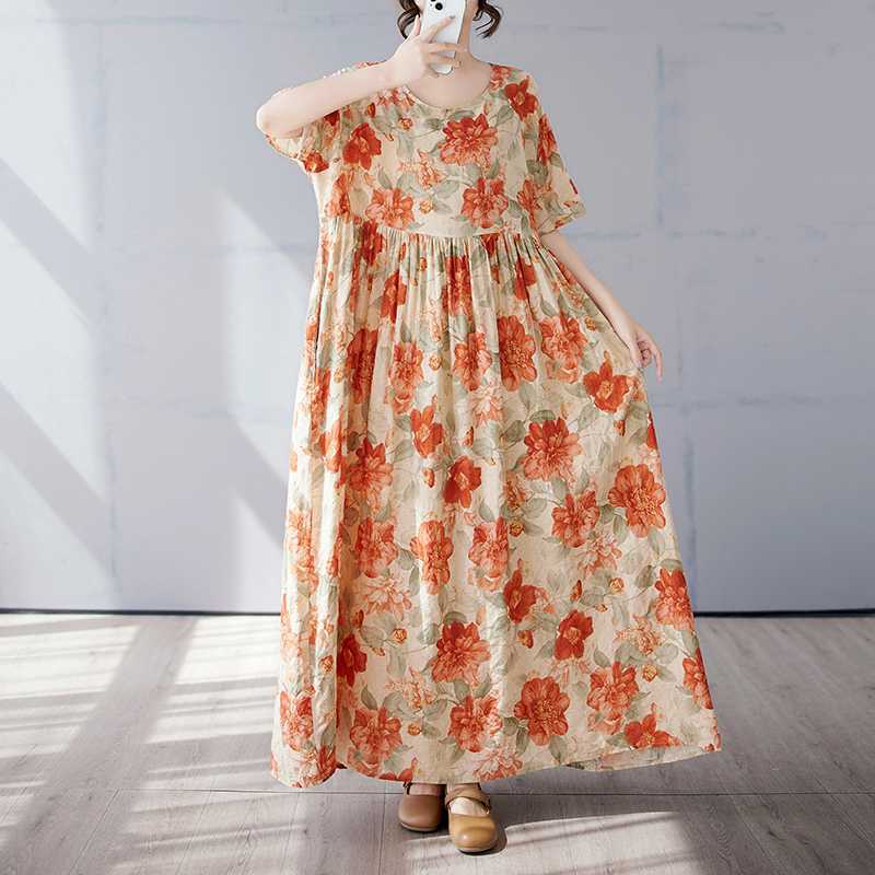 Simple and Fashionable Long Skirt Summer Short Sleeved Round Neck Printed Dress