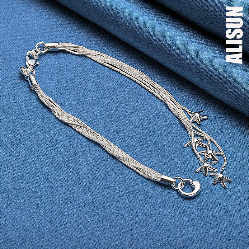 925 Sterling Silver Five Solid Starfish Chain Bracelet Fashionable Wedding Jewelry