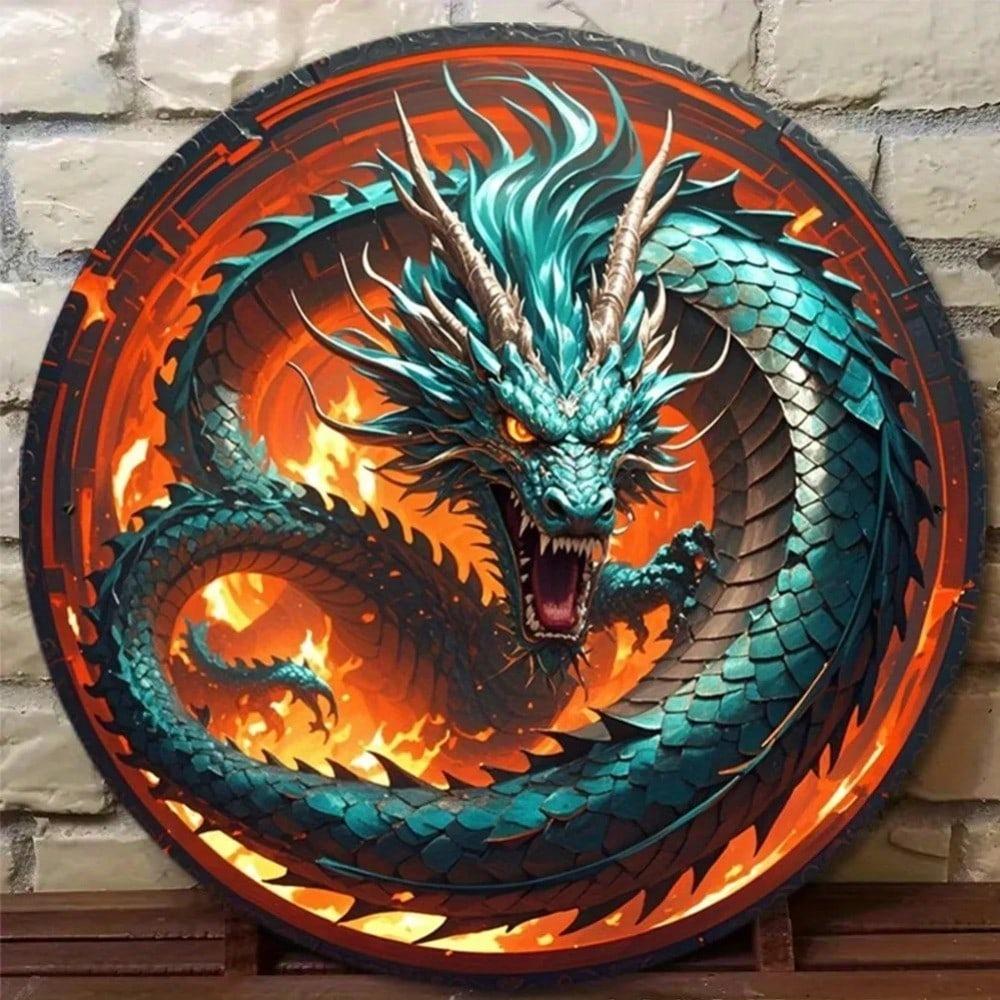 Retro Blue Dragon Flame Metal Sign 8x8 Inch Aluminum Wall Decor For Home Cafe Garage Party