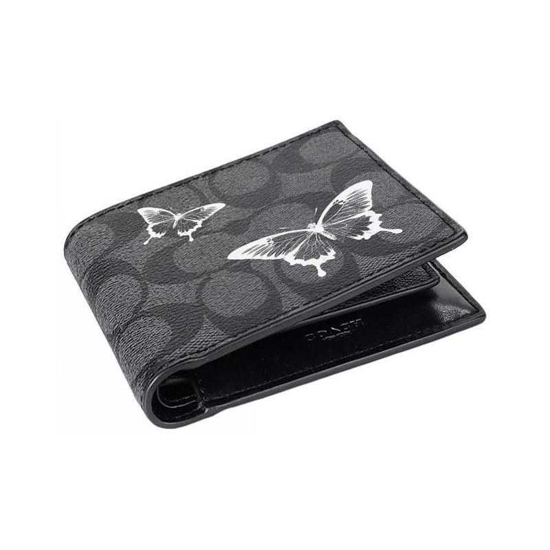 Coach [Customized Bag] 3 IN 1 Wallet MAY All the Way Gothic Oracle Leather Wallet Men's Black White Butterfly