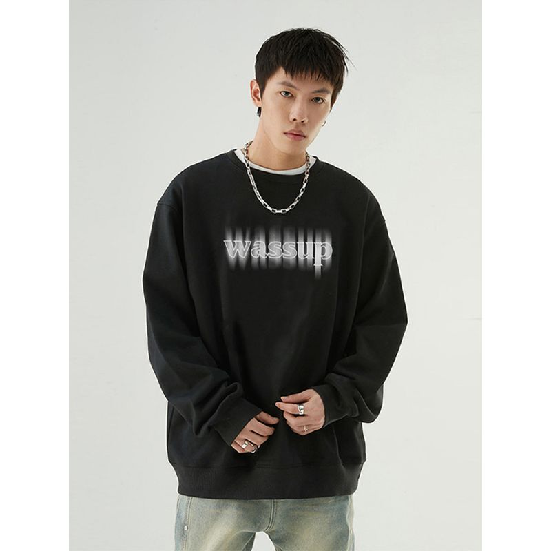 Wassup Heods Inkjet Lettering Trendy Brand Heavyweight Sweatshirt for Men and Women, Autumn and Winter Fleece-Lined American Street Style Top