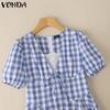 VONDA Women Patchwork Lace V Neck Puff Sleeve Plaid Print Casual Ruffled Dress