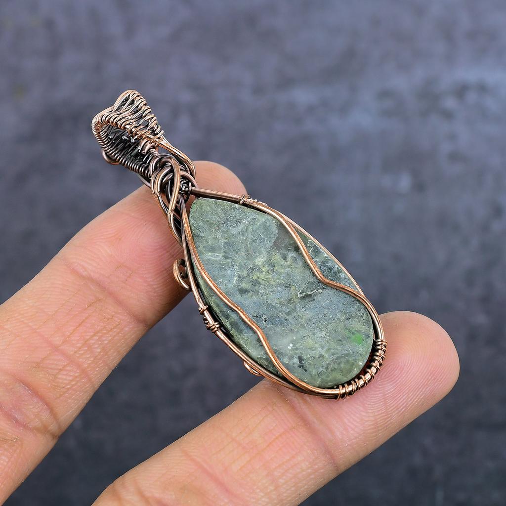 Natural Prehnite Gemstone Handmade Copper Eire Wrap Jewelry Pendant 2.48" l1U83