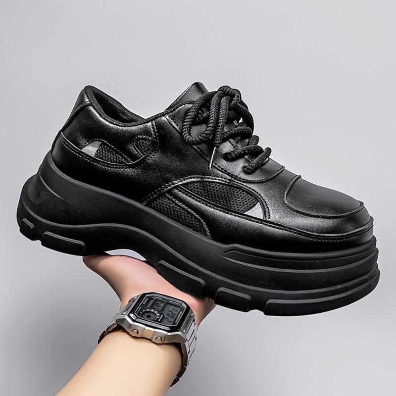 Men's Black Leather Height-Increasing Derby Shoes - 2025 Autumn/Winter Collection, British Style with Thick Sole