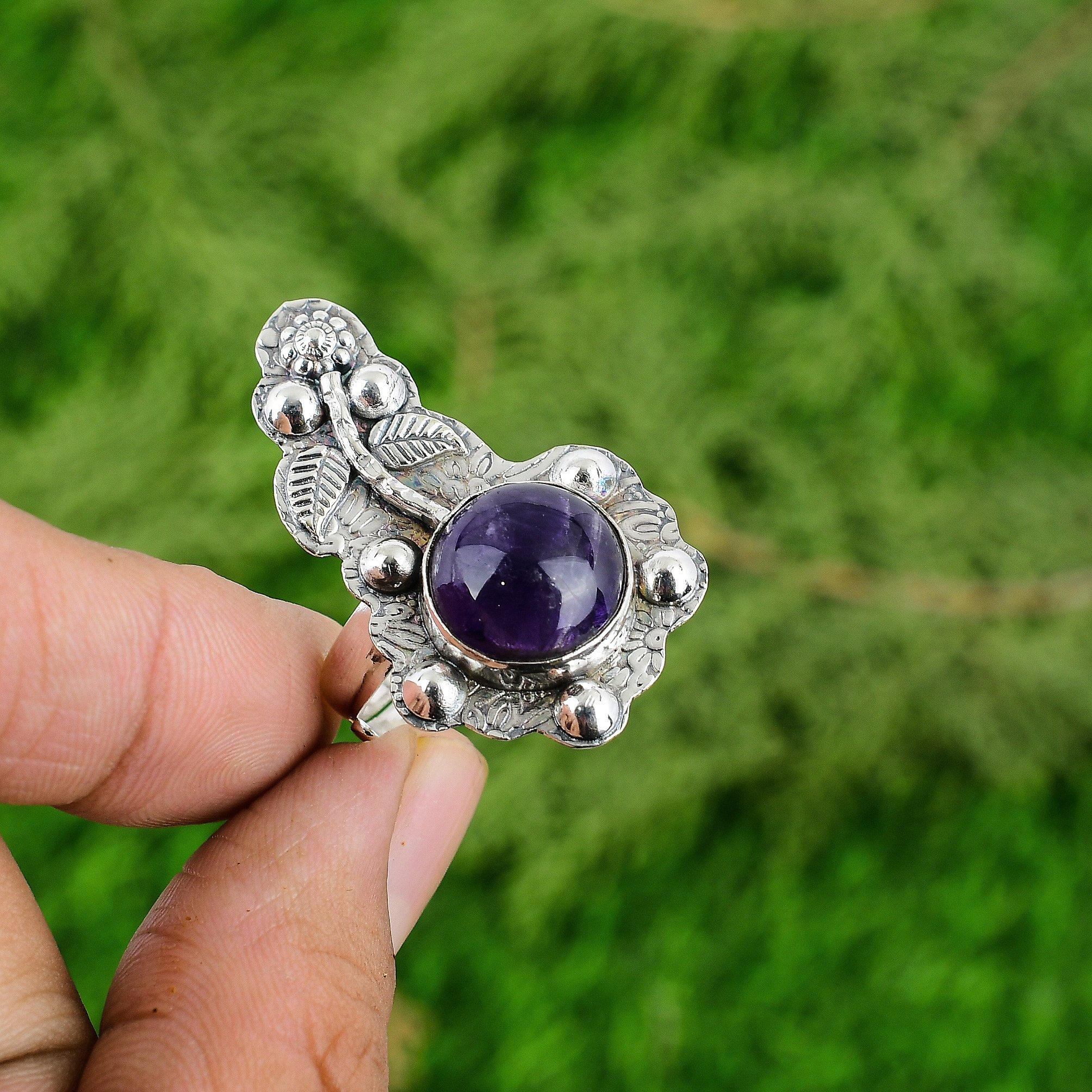 

African Amethyst Gemstone 925 Silver Trendy Flower Bezel Promise Ring Jewelry Adjustable