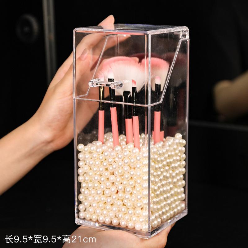 Makeup Brush Storage Bin Dustproof Covered Large Capacity Storage Box Storage Tube with White Pearl Cosmetics Quadrilateral