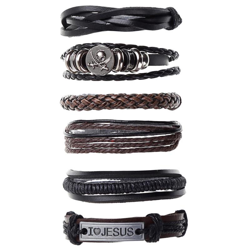 

Панк Набор многослойных браслетов из натуральной кожи, 6 штук