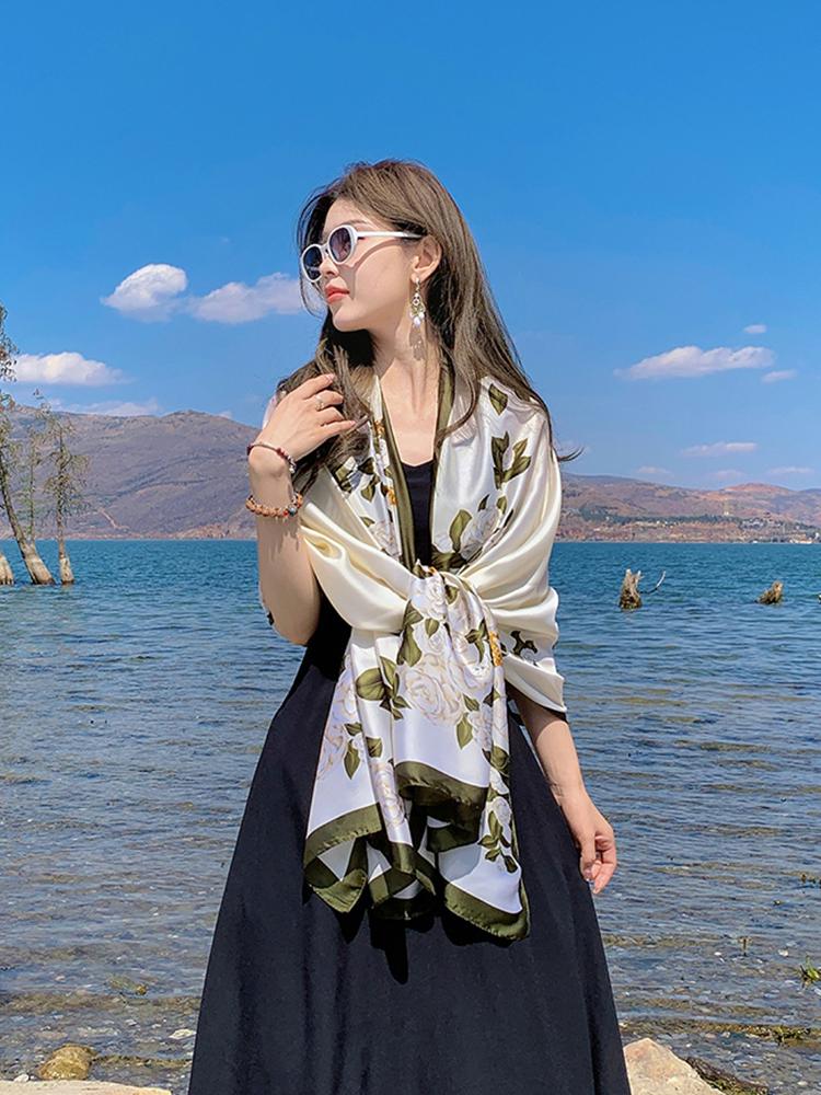 New Summer Luxury Elegant Women Silk Scarf Beach Long Wrap Shawls Satin Floral Print Bandana Hijab Mujer Scarves Pareo Foulard