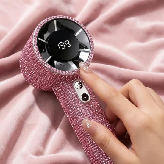 Rhinestone Handheld Fan with Digital Display Turbo High Speed Portable Mini Fan Quiet