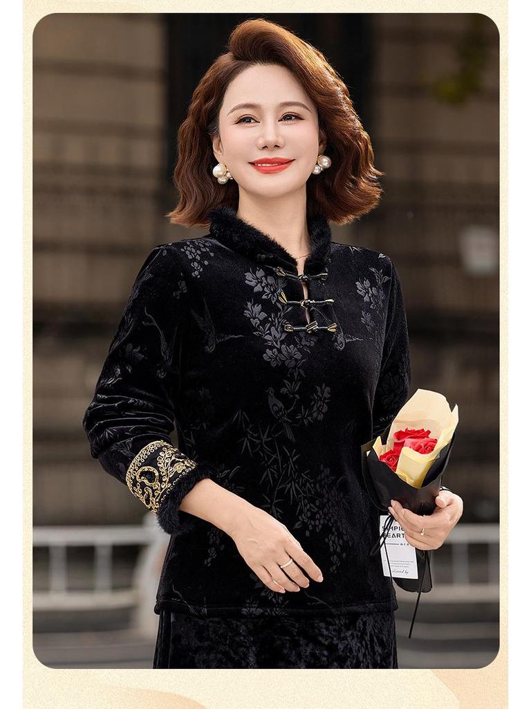 Women's Embroidered Jacquard T-shirt with Frog Button, Plus Velvet, Long Sleeve - New Chinese Style, Autumn/Winter.