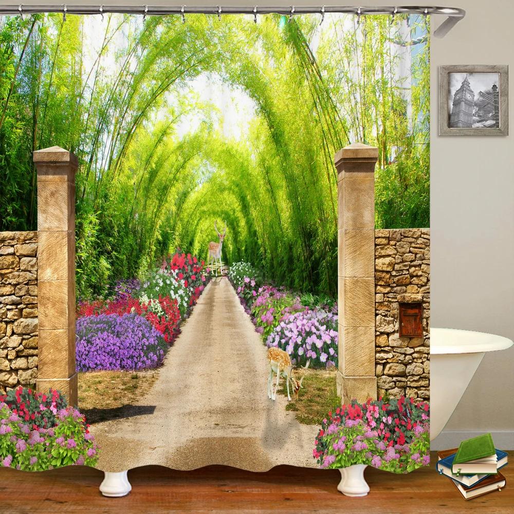3D European Rural Flower Landscape Printing Bathroom Waterproof Shower Curtain Polyester Bath Curtain Home Decoration Curtain