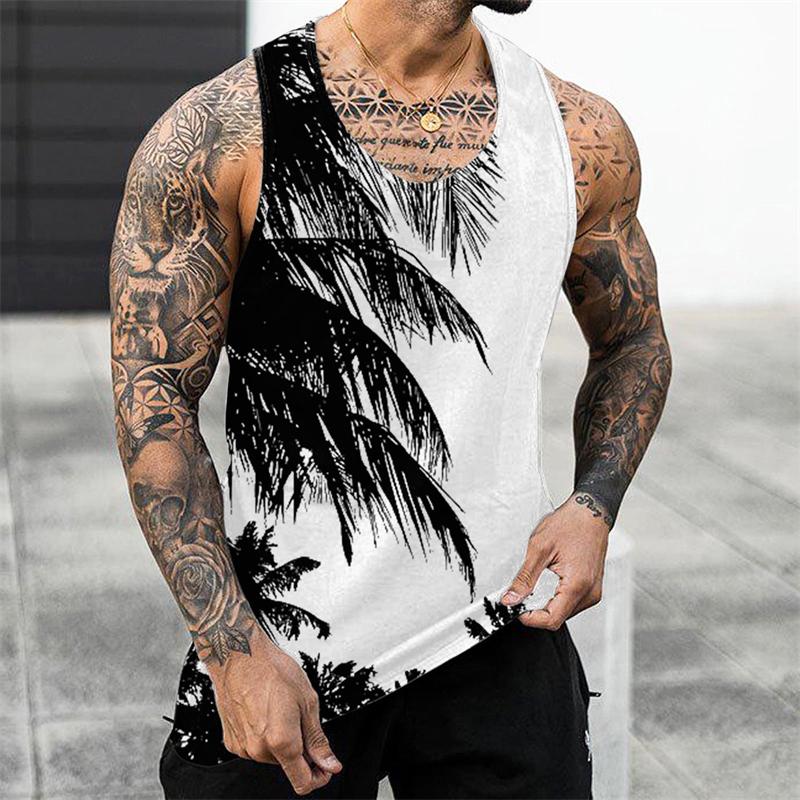 Palm Tree Graphic Tank Top For Men 3D Print Sleeveless Beach Hemp Palm Pattern Tops Paint Vest Hawaii Colorful Pigment T-shirt