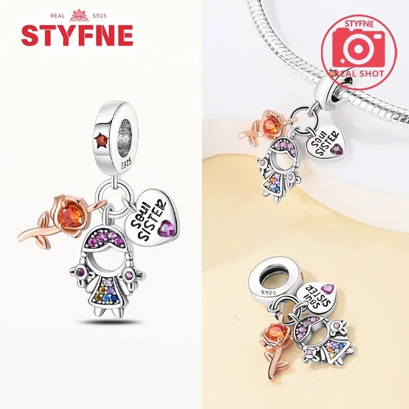 925 Silver Sisters On Swing Heart Charm Beads DIY Bracelet Fine Jewelry Gift for Women Sister Forever