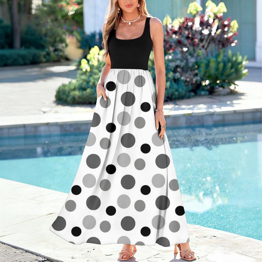 Ladies' polka dot print summer casual and fashionable sleeveless long dress