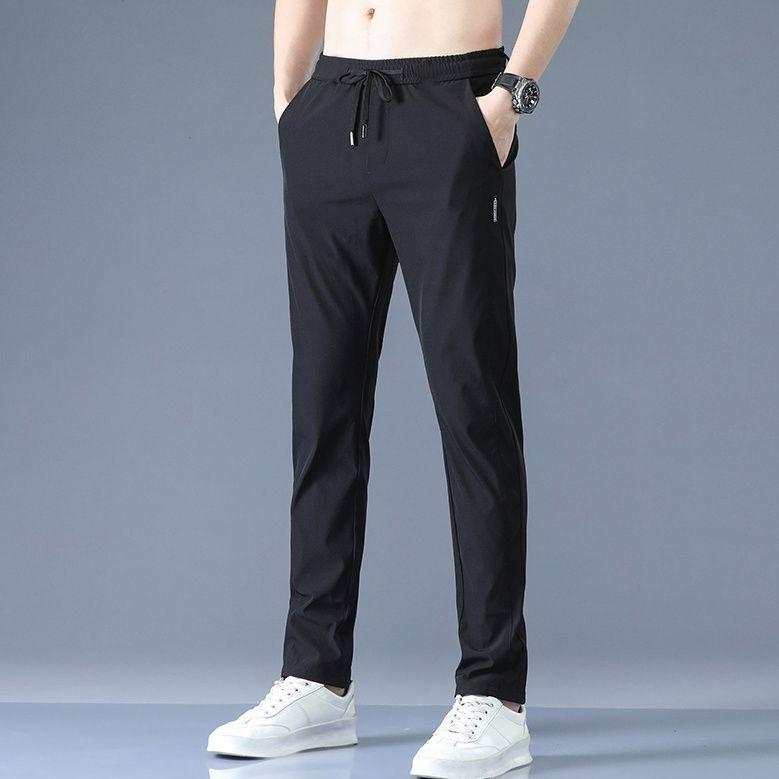 Pantaloni Casual Sottili in Seta Ghiacciata da Uomo - Vestibilità Slim, Stile Coreano, Leggeri, Pantaloni Sportivi Dritti Larghi per Primavera, Estate e Autunno.