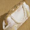 Fashi Clip-On Chinese Evening Bag With Ctrasting Flower Print, Pearl Chain Handbag, Elegant Crossbody Bag for Daily Travel