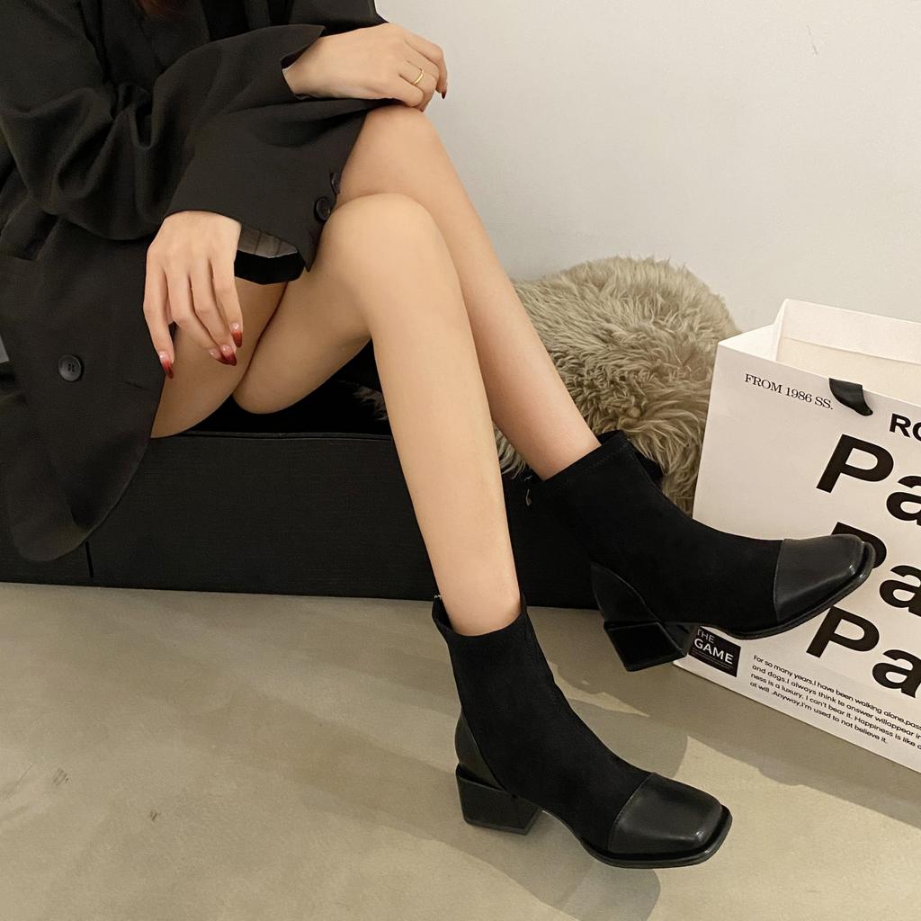 Móda Nový Styl Dámská Móda Čtvercová Špička Robustní Podpatek Krátká Kozačka Podzim Zima Stručné Elastické Úzké Vysoké Podpatky Boty Zapatos De Mujer