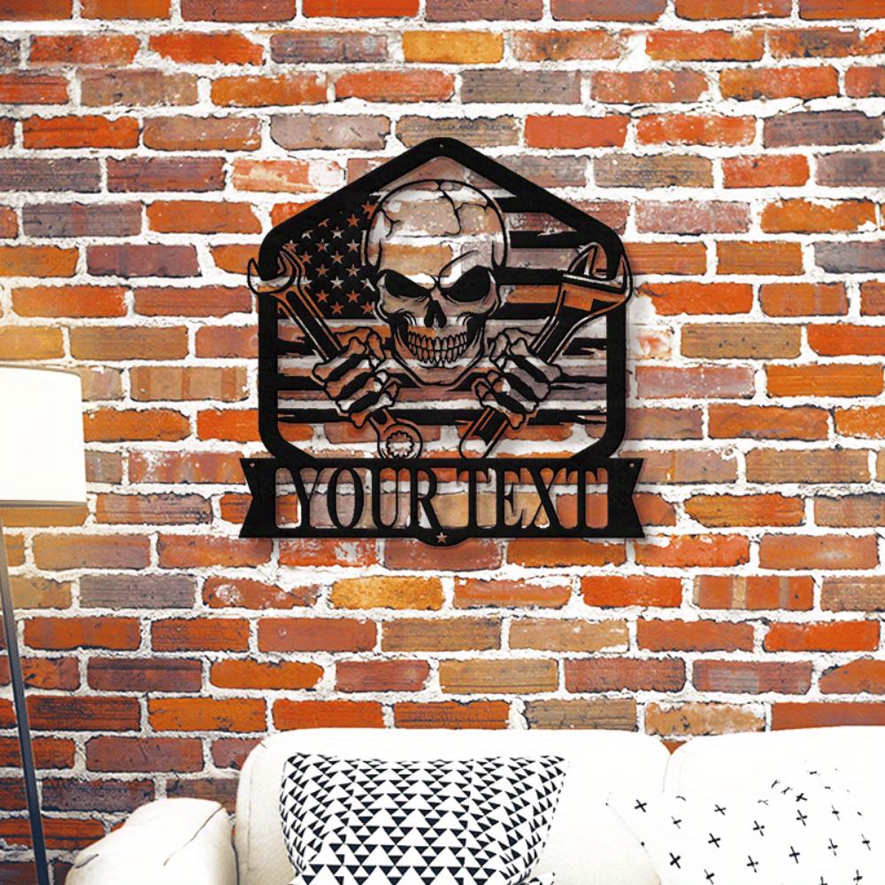 Unique Tailored Skull Themed Mechanic Metal Wall Decor Iron Crafted Workshop Garage Name Sign Festive Home Deco