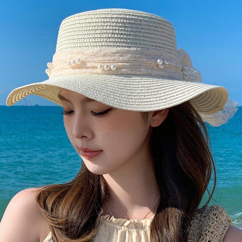 Straw Hat Women's New Summer Lace Pearl Flat Top Hat Seaside Beach Travel Vacation Sun Shade Sun Hat