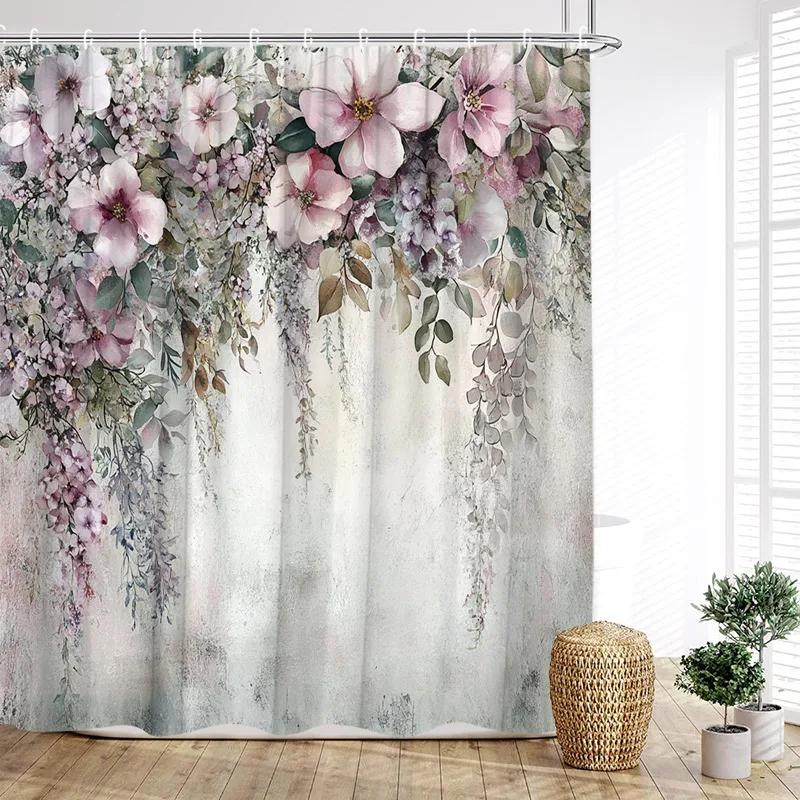 Liane Floral Shower Curtain Pink Floral Country Plant Polyester Fabric Bathroom Curtain Hook for Home Decoration