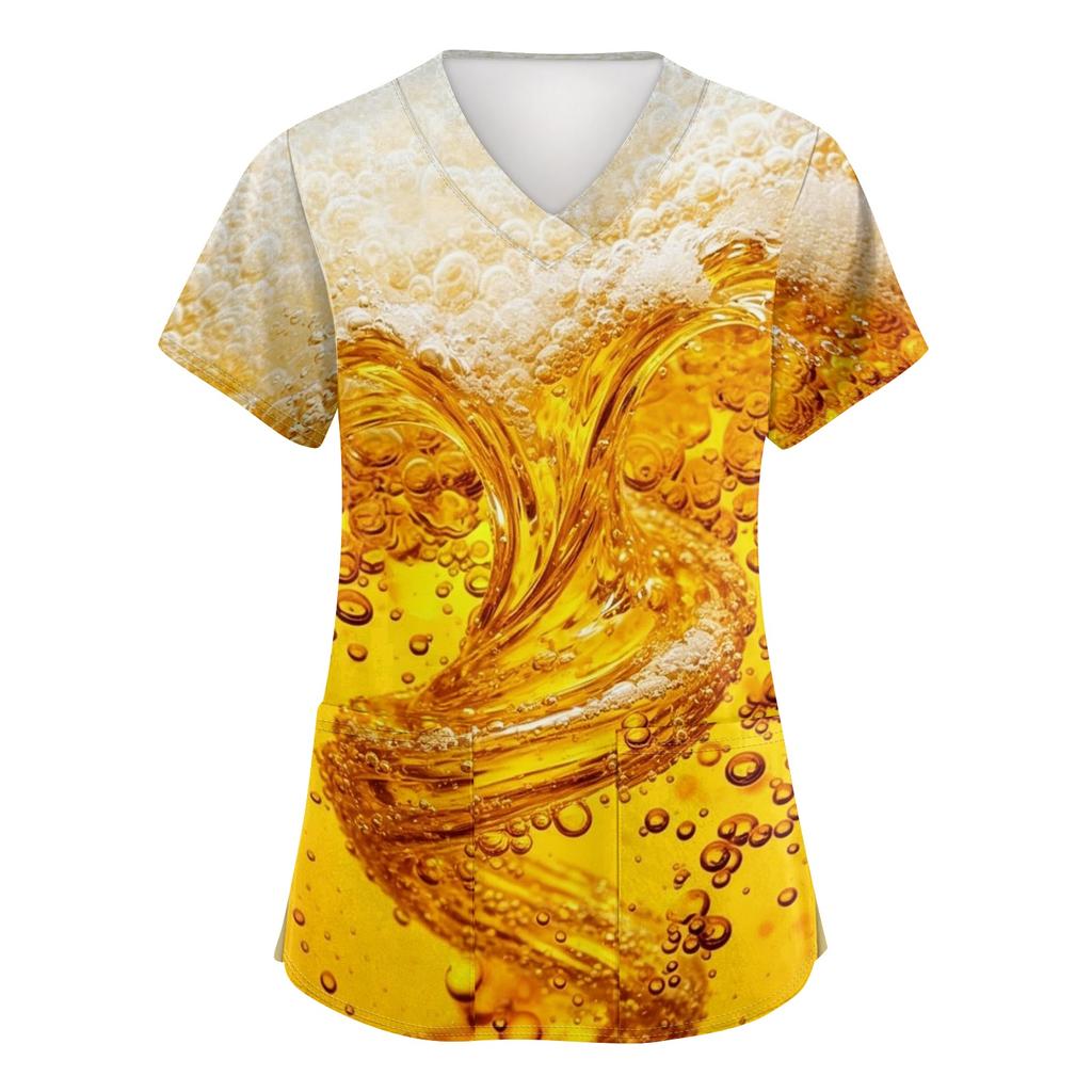 Women's V Neck Short Sleeve Work Shirt with Pockets Beer Festival Print Medical Nurse Scrub Top for Healthcare Professionals