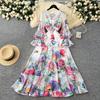 European and American niche vacation style deep V-neck lace splicing dress women's high waist and thin ruffle edge printed long dress