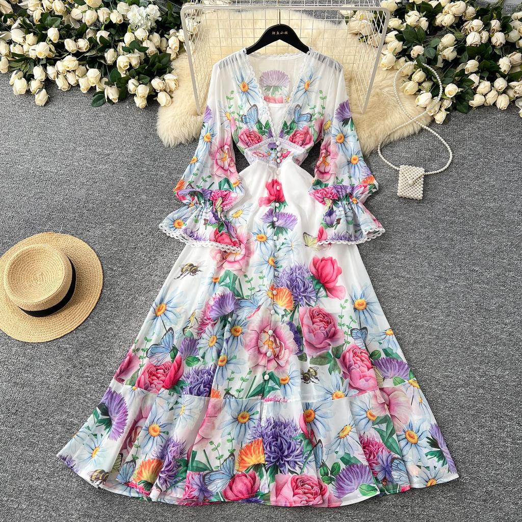 European and American niche vacation style deep V-neck lace splicing dress women's high waist and thin ruffle edge printed long dress