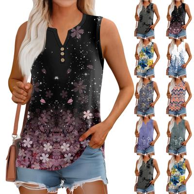 Women's Summer Vest Loose Solid Color Button V-Neck Casual Sleeveless Shirt Tops