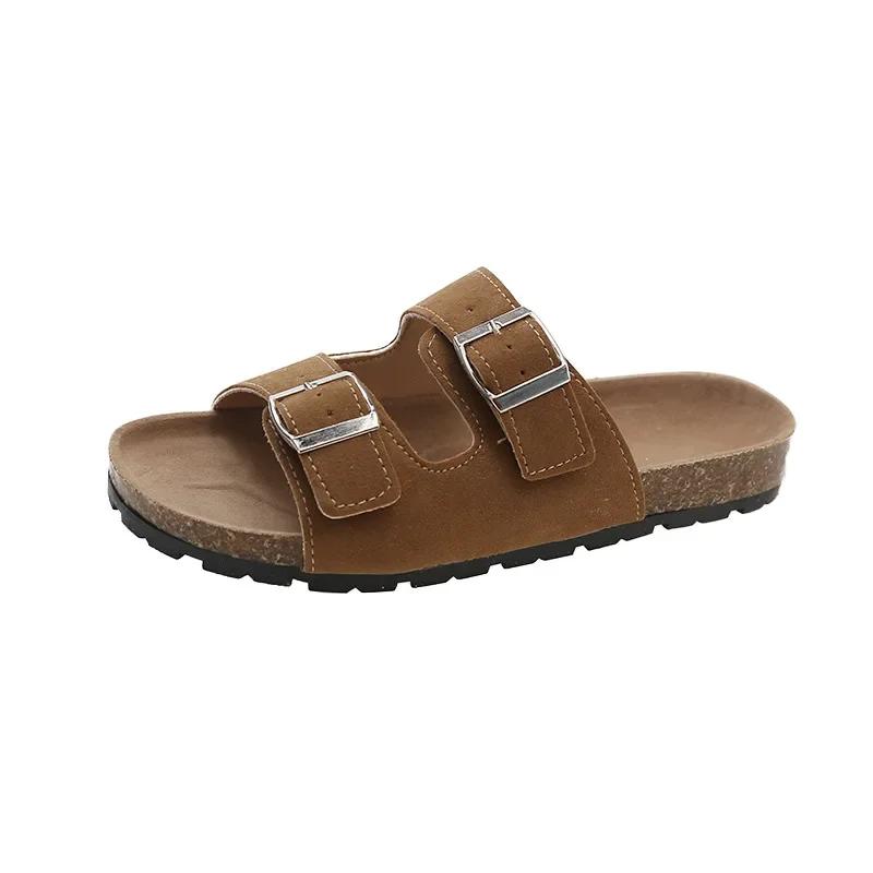 Whoholl Dámské klasické korkové pantofle Nové unisex semišové ploché sandály s podporou klenby Letní plážové nazouváky Nastavitelné boty s přezkou