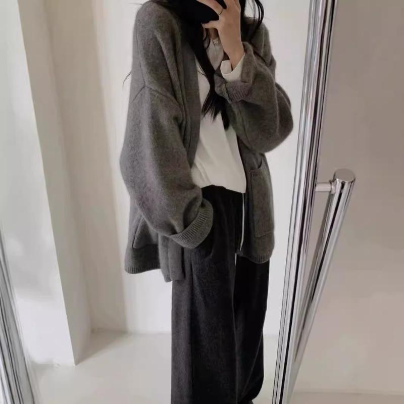 Grey Raccoon Velvet Medium and Long Sweater Jacket for Women's Autumn and Winter Loose and Lazy Style Knitted Cardigan with Outer Wear