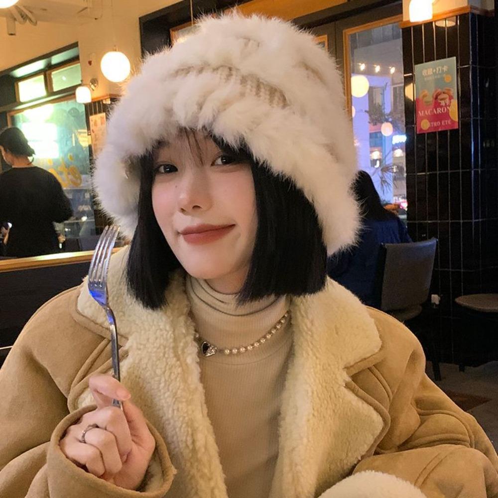Thick Knit Bucket Hat Wide Brim Winter Hat Fashion Women Headwear Autumn Winter